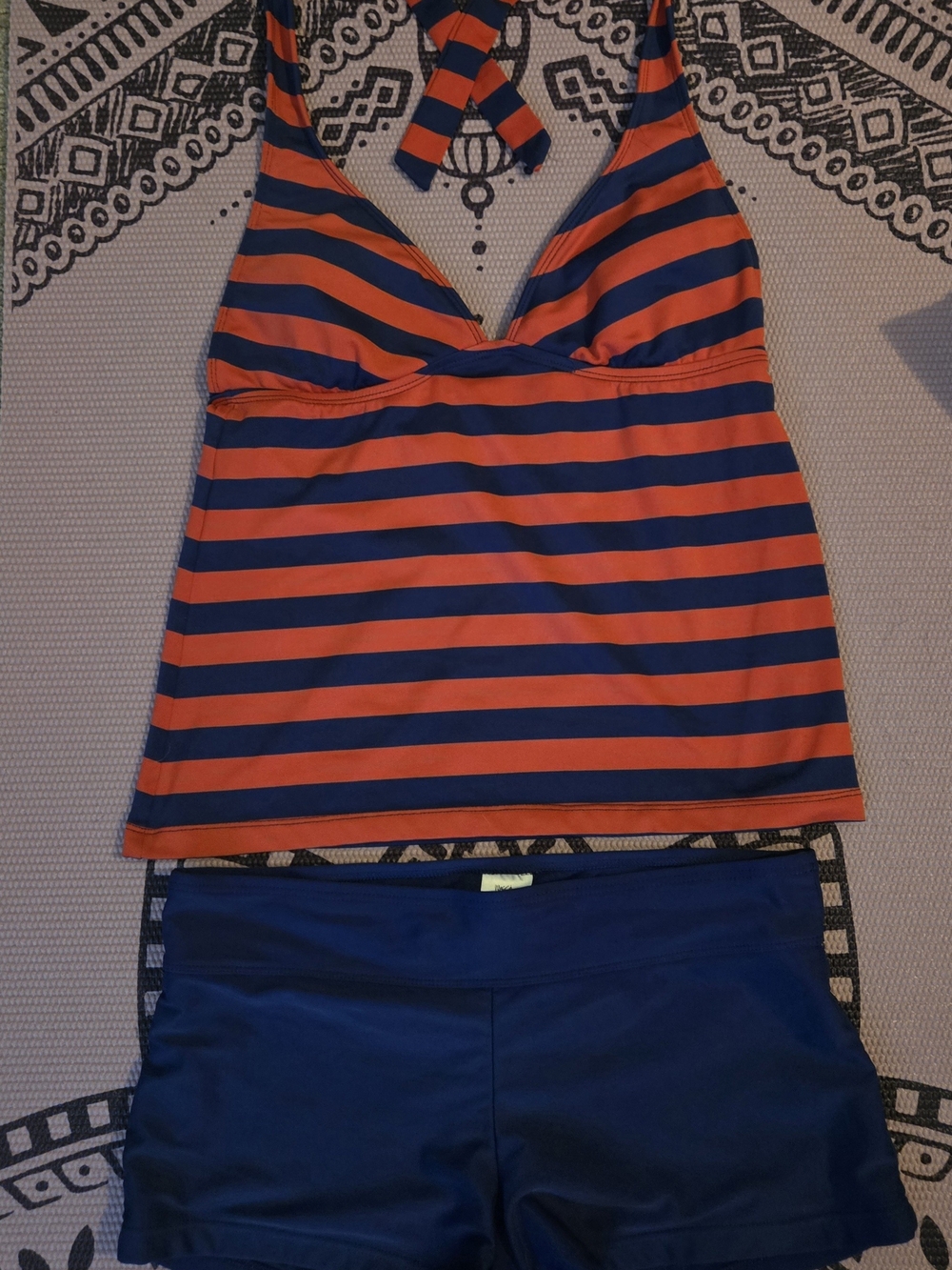 Women’s Stripe Halter Tankini Top and Boy Short Bottoms- Navy & Red